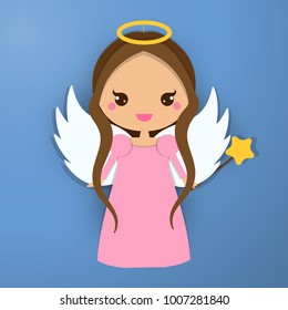 Cute angel. Kawaii style. Paper figure, sticker. Design element for greeting cards, communion, christening and other religious events. Papert craft, paper art style