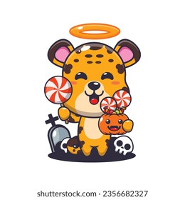 Cute angel leopard holding candy in halloween day. Cute halloween cartoon illustration.