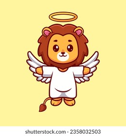 Cute Angel Lion Flying Cartoon Vector Icon Illustration. Animal Holiday Icon Concept Isolated Premium Vector. Flat Cartoon Style