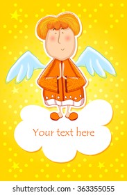 Cute angel, little man on the cloud in the indian robe. Vector illustration. Place for text