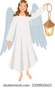 A cute angel in a long white dress holds a luminous lantern in his raised hand. Vector illustration