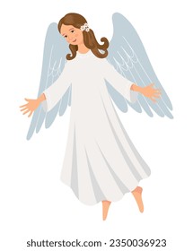 Cute angel in a long white dress with open arms.Vector illustration