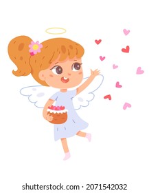 Cute angel magic character with flying hearts vector illustration. Cartoon funny little cupid, adorable baby girl with wings, red and pink hearts, Happy Valentine day romantic symbol isolated on white