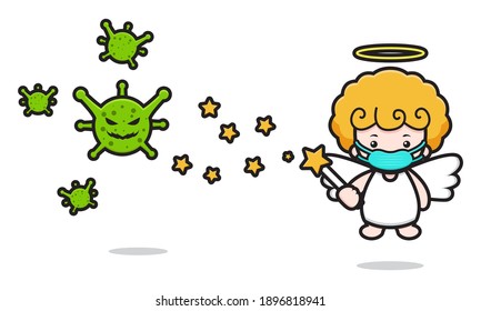 Pelea de personajes de mascota de ángel lindo contra la ilustración del icono vectorial de dibujos animados de virus. Diseño aislado en blanco. Estilo de caricatura plano.