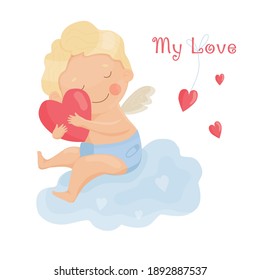 Cute angel on a cloud embraces the heart