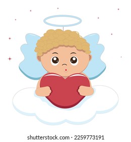 Cute angel on a cloud with a red heart.