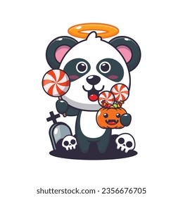 Cute angel panda holding candy in halloween day. Cute halloween cartoon illustration. 