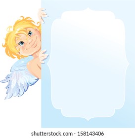 Cute angel peeking round from behind  frame. Valentines Day card design. 