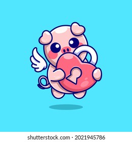 Cute angel pig with padlock love cartoon