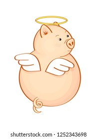 Cute angel pig with wings looking back. It`s a cartoon hand drawn design isolated on white.