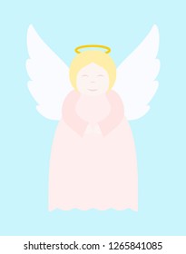 Cute angel with pink dress. In soft pastel colors. Vector flat illustration on blue background.