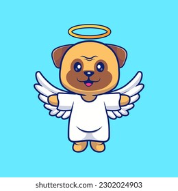 Cute Angel Pug Dog Flying Cartoon Vector Icon Illustration. Animal Holiday Icon Concept Isolated Premium Vector. Flat Cartoon Style