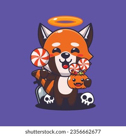 Cute angel red panda holding candy in halloween day. Cute halloween cartoon illustration. 