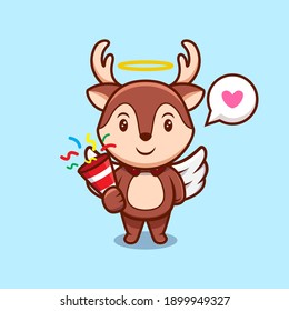 Cute Angel Reindeer Bring Confetti Mascot Cartoon Vector Illustration. 