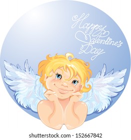 Cute angel in the round frame. Valentines Day card design.