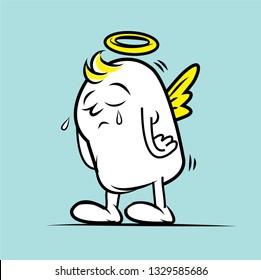 Cute angel in sad face expression.Cartoon character vector drawing illustration.