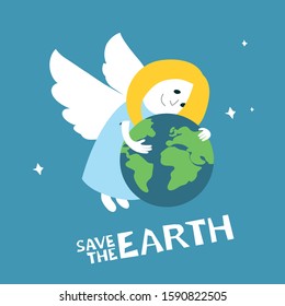 Cute Angel saves the planet. Earth Day Poster. World environment day poster. Protect our planet, take care of the Planet card. Hand drawn Vector illustration.