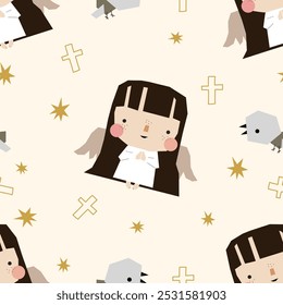 Cute angel seamless pattern easter background with cross, dove, holy christianity religion wallpaper texture