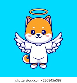 Cute Angel Shiba Inu Dog Flying Cartoon Vector Icon Illustration. Animal Holiday Icon Concept Isolated Premium Vector. Flat Cartoon Style