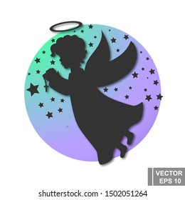 Cute angel silhouette. Prayer. Starry sky. For your design.