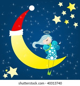 Cute angel sitting on a christmas moon