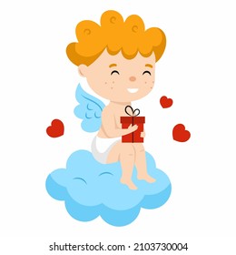 Cute angel is sitting on cloud. Сherub holds  gift in his hands. Cupid for Valentine Day. February 14.