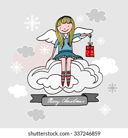 Cute angel sitting on a cloud, Christmas greeting card, isolated vector illustration