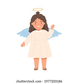 Cute angel smiling and greeting smb with hi gesture. Happy child with halo and wings waving with hand, saying hello. Colored flat vector illustration of catholic girl isolated on white background