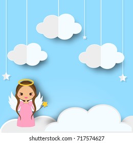 Cute angel standing on clouds in heaven. Background in paper cut, paper craft style.