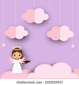 Cute angel standing on pink clouds in violet heaven. Background in paper cut, paper craft style. For kids and nursery design
