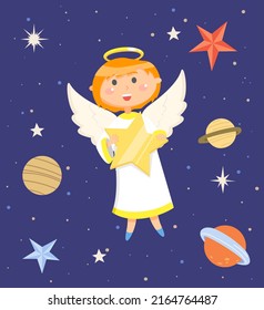 Cute angel with star flying in sky. Child in angel costume on background of heaven. Cartoon character with halos above her head. Small spiritual being, divine creature surrounded by stars and planets