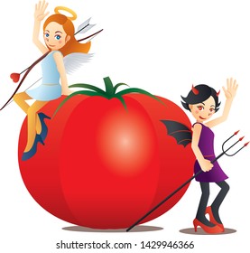 Cute angel and Sweet devil and Delicious tomato