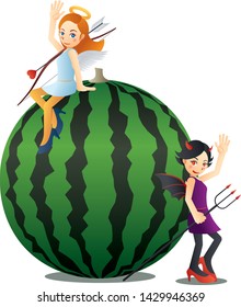 Cute angel and Sweet devil and Delicious watermelon