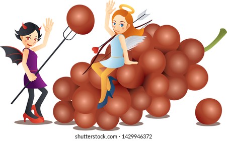 Cute angel and Sweet devil and Delicious grapes