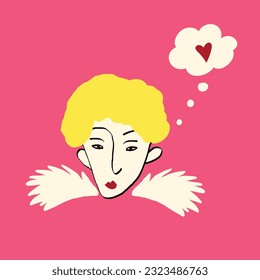 Cute cute angel thinking about love. Modern trendy Valentines Day illustration
