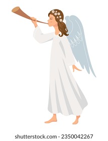  cute Angel with trumpet. Christmas angel, design template, vector isolated