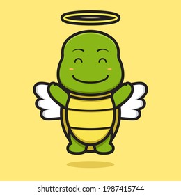 Cute angel turtle mascot character with happy face cartoon vector icon illustration. Design isolated on yellow. Flat cartoon style.