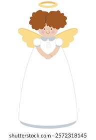 Cute angel in a white dress. Children's toy. Christmas tree topper. Angel with golden wings.