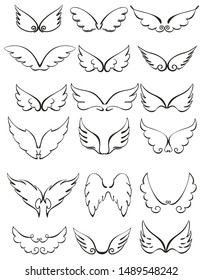 Cute angel wings. Cartoon angels wing set isolated on white background, angelic heaven flight decoration elements illustration