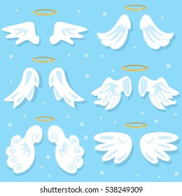 Cute Angel Wings. Cartoon Vector Set On Blue Background.