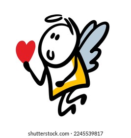 Cute angel with wings and  halo holds a red heart in his hands. Vector illustration of a funny cherub from paradise for holiday Valentines Day.