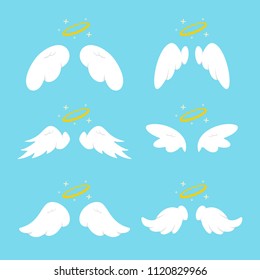 Cute angel wings with halo. Vector cartoon flat icons set isolated on blue background.