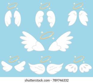 Cute Angel Wings With Nimbus. Cartoon Vector Icons Set Isolated On Blue Background.