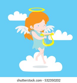 Cute angel with wings playing harp in the cloud vector stock