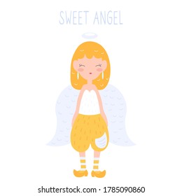 Cute angel with wings. Vector isolated illustration with an angel on a white background. Design of postcards, prints, fabrics, clothing, notebooks, notebooks. Doodle style. A girl with wings.