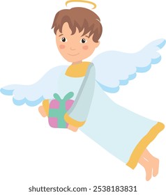 Cute Angelic Boy Holding a Gift vector illustration