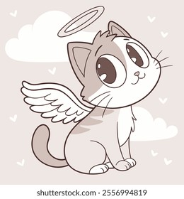 A cute angelic cat with wings and a halo, surrounded by clouds and hearts.