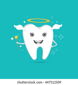 cute angelic tooth with wings , magic sparkle on blue background ,Vector illustration