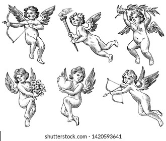 Cute angels with arrows and bow. Small aesthetic Cupids with wings fly with hearts and flowers in the sky. Set of children in Monochrome engraved style. Hand drawn vintage sketch.