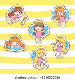 cute angels cartoon stickers dotted. valentine icons. vector illustration